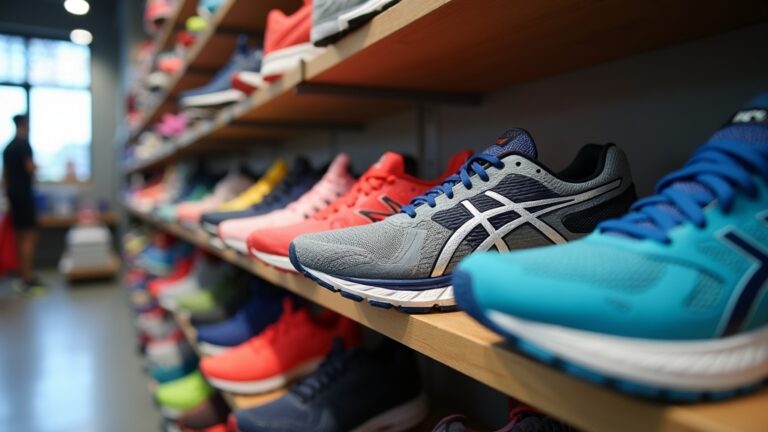 Rij kleurrijke hardloopschoenen op een displayplank in een sportzaak